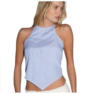 LNA CLOTHING REVOLVE Blue White Stripe Halter Tie Back Crop Top Women's Large